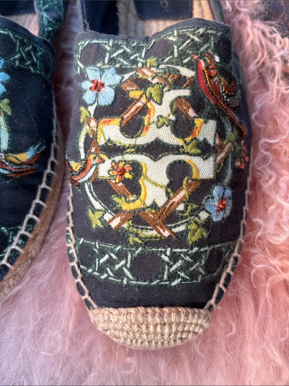 Tory Burch Black Embroidered Floral & Bird Espadrilles